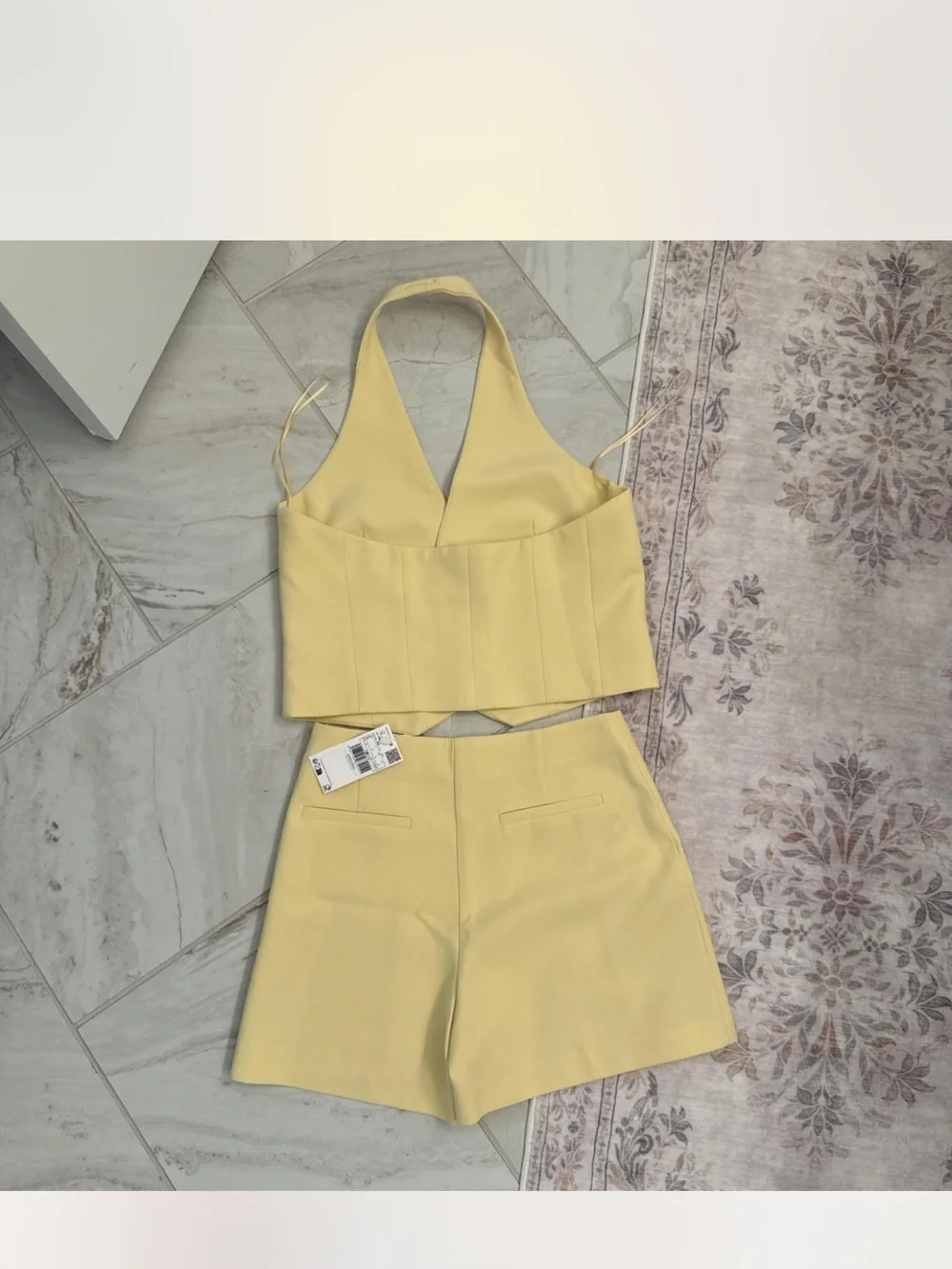 Mango Pale Yellow Halter Crop Top & High-Waist Shorts Set